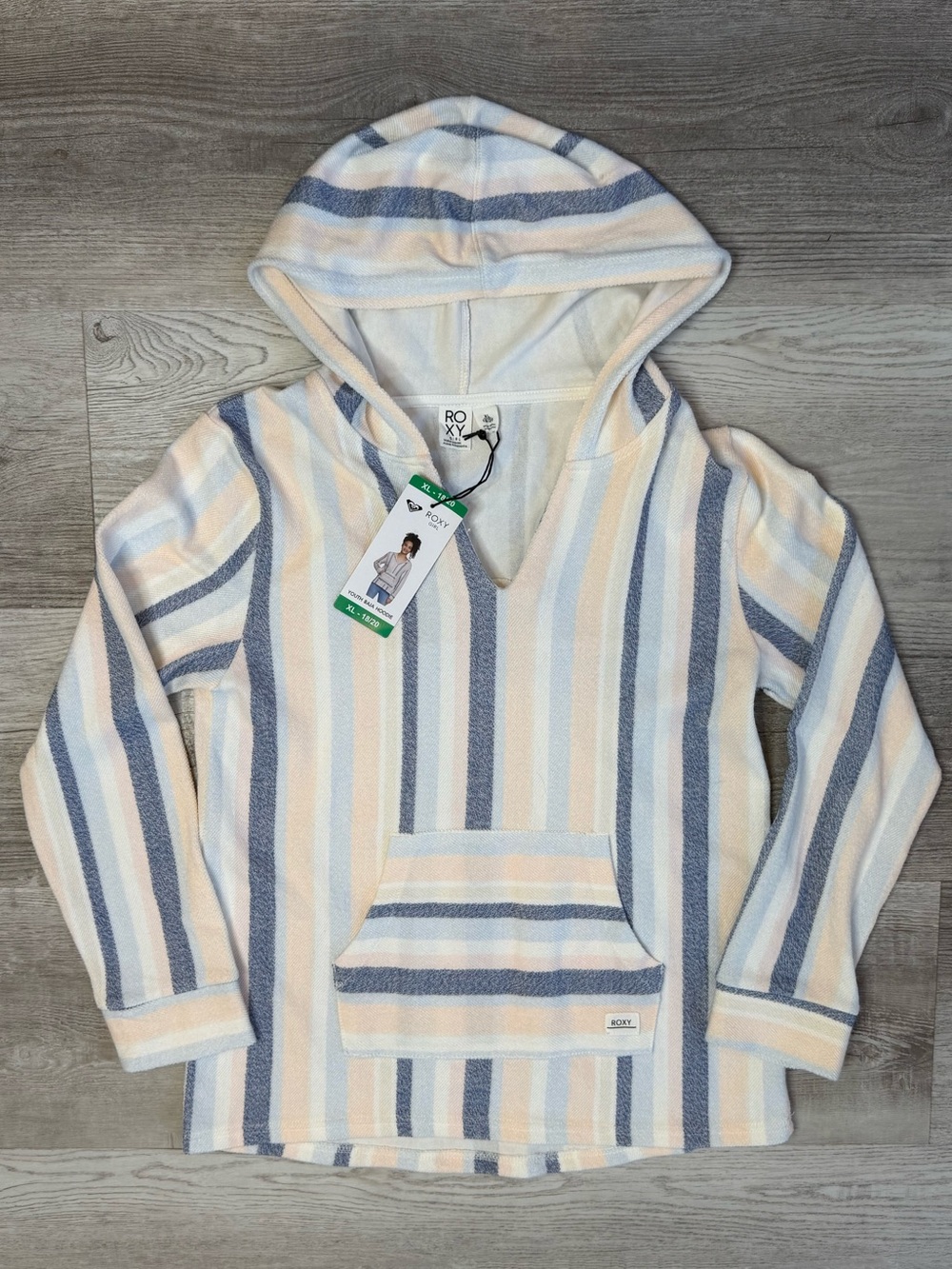 Roxy Girl Daydreamin Striped Terry Baja Hoodie Girls XL 18/20 Pink Blue NWT